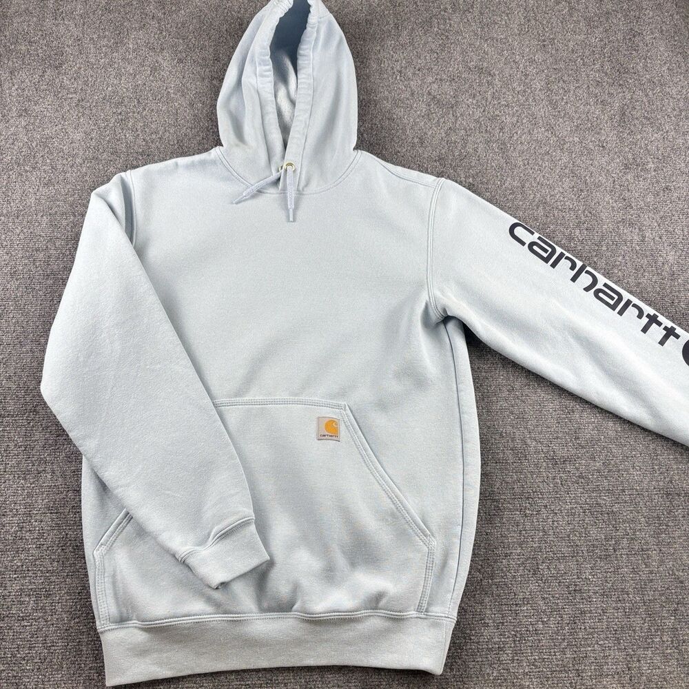 Carhartt Hoodie Mens S US S Light Blue Sleeve Logo Loose Fit K288